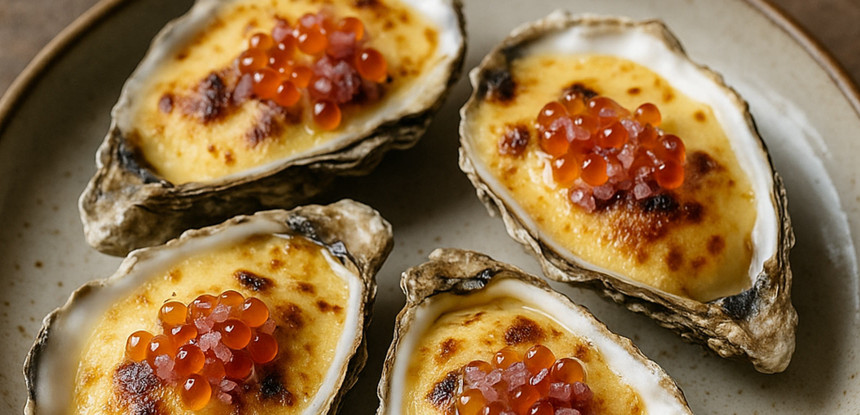 Huîtres gratinées à l’Entre-Deux-Mers et œufs de truite